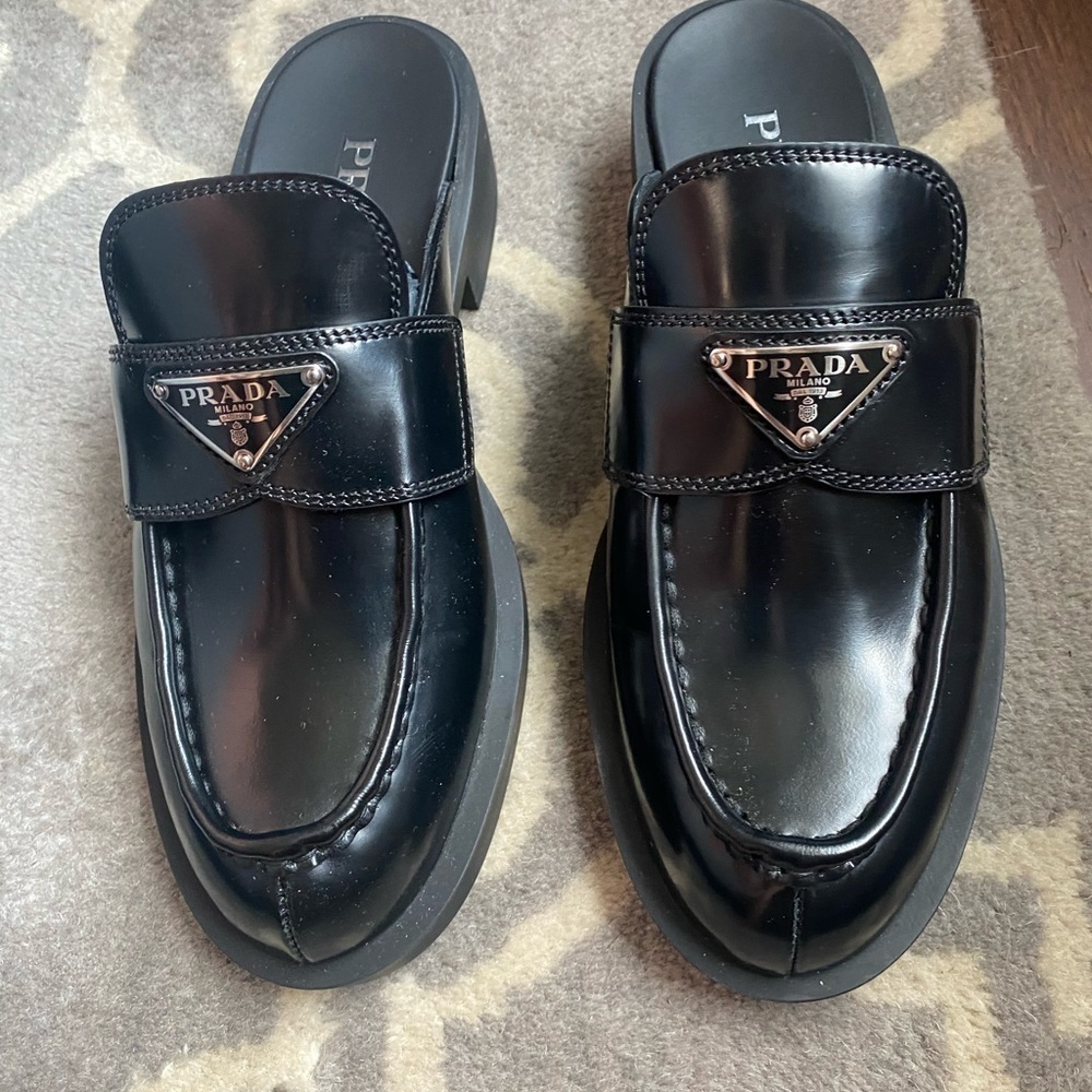 Prada Black Leather Slip-On Mules with Silver Logo - Picture 4 of 6